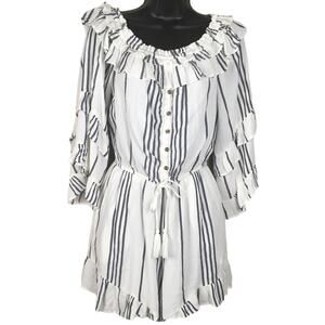 American‎ Eagle Romper Ruffle White Blue Vertical Stripe Faux Buttons Women's M